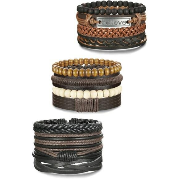 Mens Leather Beaded Bracelets Set Adjustable Braided Wood Jewelry 12 Pack - Picture 2 of 8